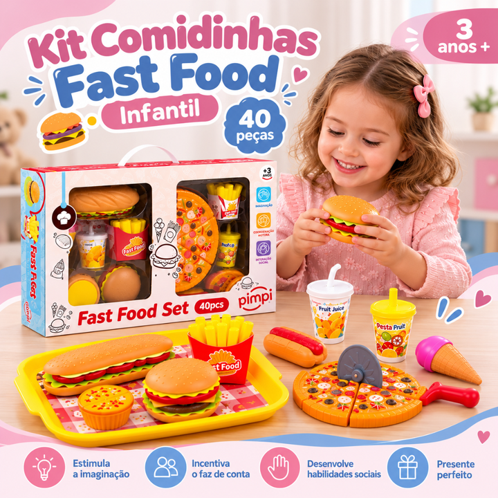 Kit Comidinhas Fast Food Infantil – 40 Peças | Brinquedo de Faz de Conta