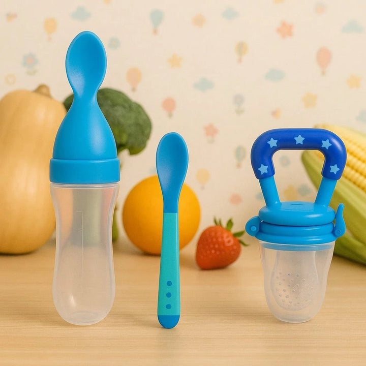 Kit 3 Peças Introdução Alimentar Bebê c/ Colher Dosadora + Colher Silicone + Chupeta Porta Fruta