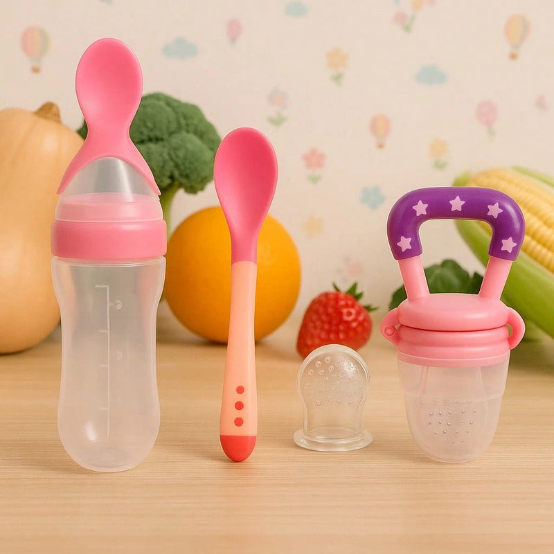 Kit 3 Peças Introdução Alimentar Bebê c/ Colher Dosadora + Colher Silicone + Chupeta Porta Fruta