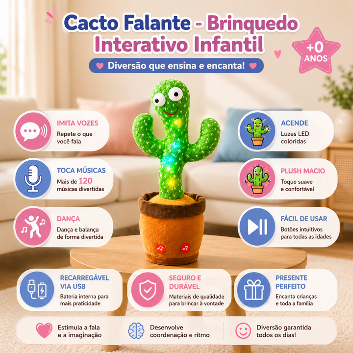 Cacto Falante Dançante Interativo com Luz LED