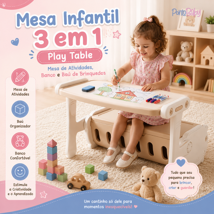Mesa Infantil 3 em 1 Play Table | Mesa de Atividades, Banco e Baú Organizador