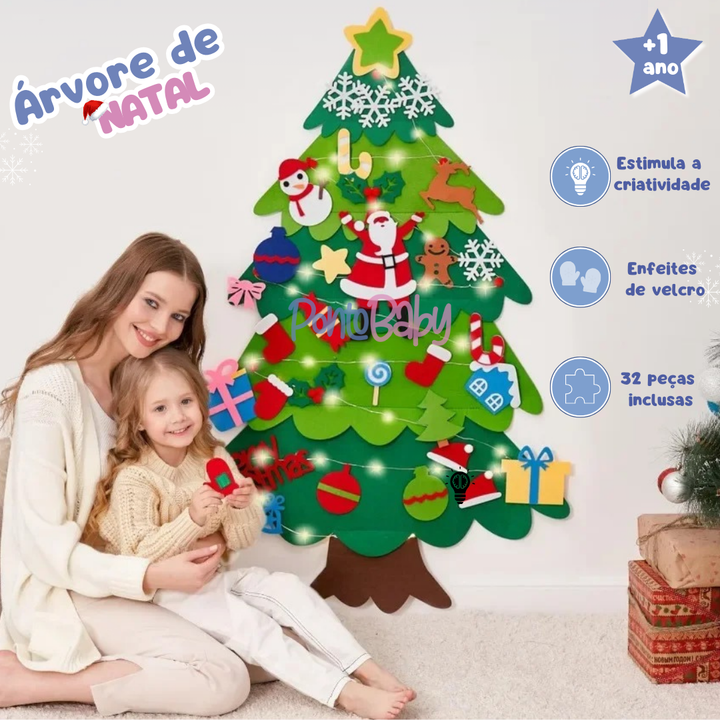 Árvore de Natal Infantil Montessori em Feltro – Xmas Tree (32 Enfeites + Luzes)