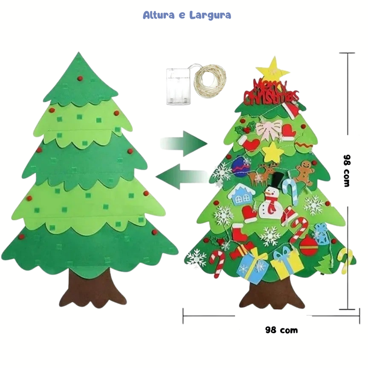 Árvore de Natal Infantil Montessori em Feltro – Xmas Tree (32 Enfeites + Luzes)