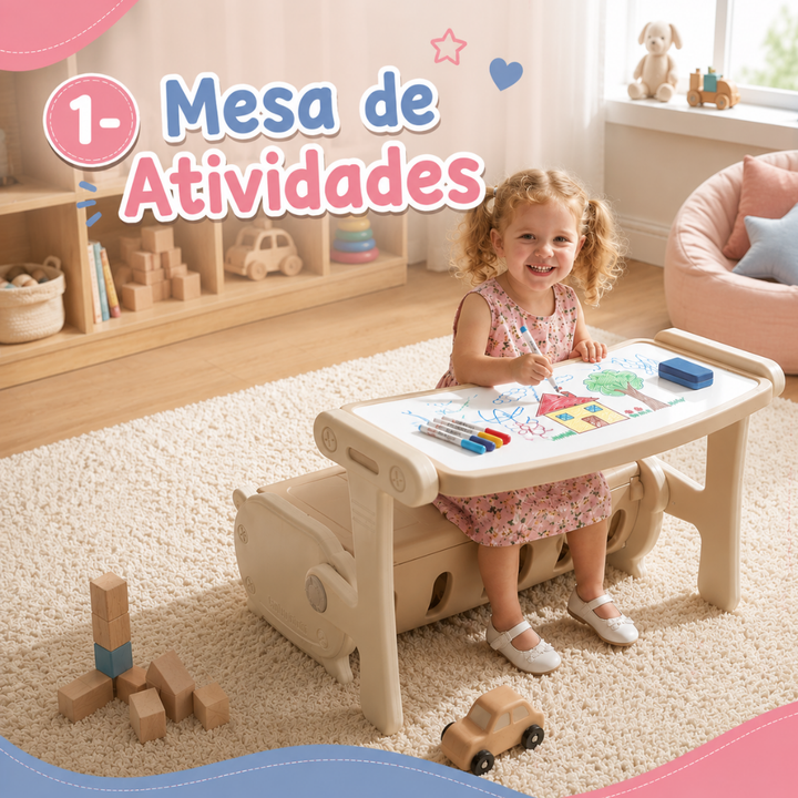 Mesa Infantil 3 em 1 Play Table | Mesa de Atividades, Banco e Baú Organizador