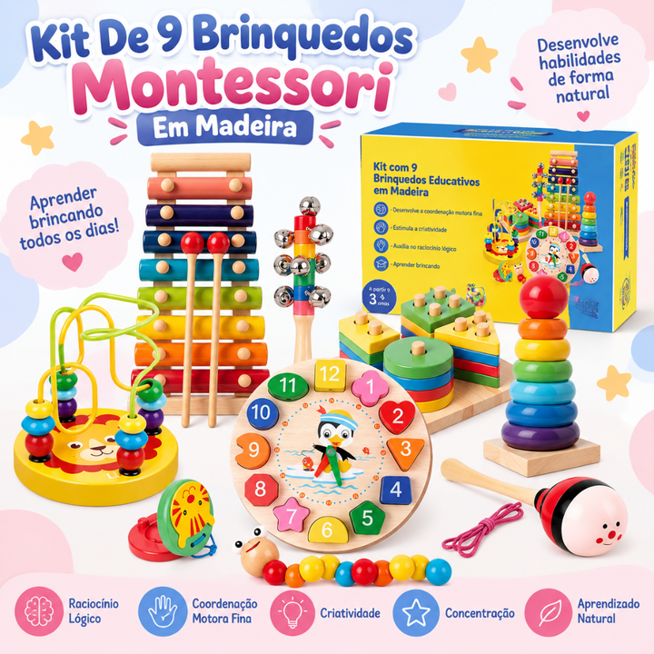 Kit 9 em 1 | Brinquedos Educativos Montessori em Madeira