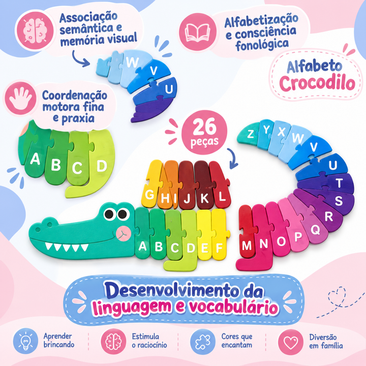 Quebra-Cabeça Educativo Alfabeto Crocodilo em Madeira – 70 cm