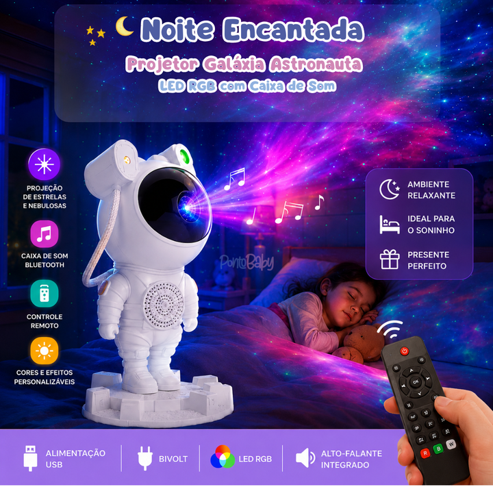 Noite Encantada | Projetor Galáxia Astronauta LED RGB com Caixa de Som