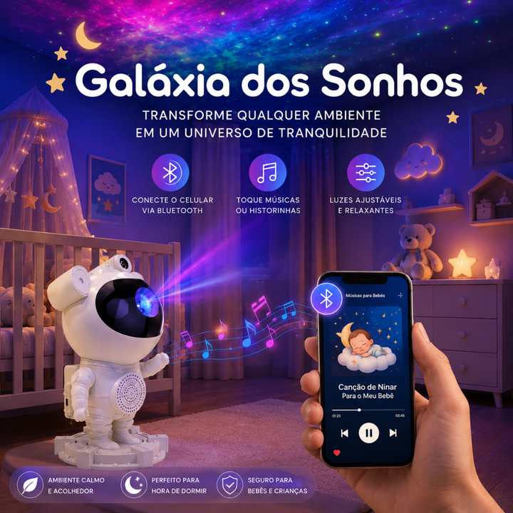 Noite Encantada | Projetor Galáxia Astronauta LED RGB com Caixa de Som