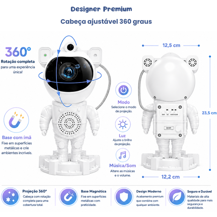 Noite Encantada | Projetor Galáxia Astronauta LED RGB com Caixa de Som
