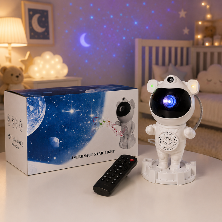 Noite Encantada | Projetor Galáxia Astronauta LED RGB com Caixa de Som