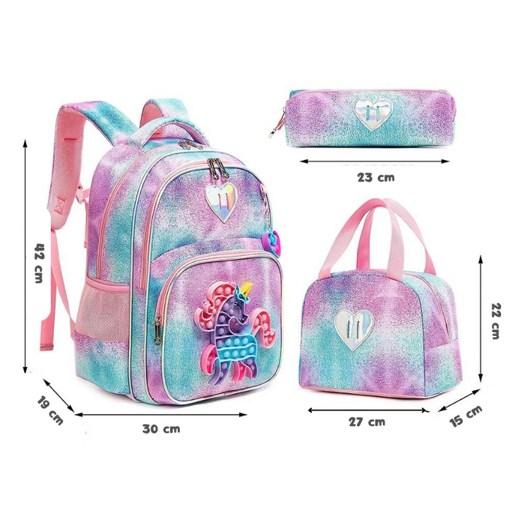 Kit Escolar para Menina Popit- Mochila, Lancheira, Estojo e Pingente