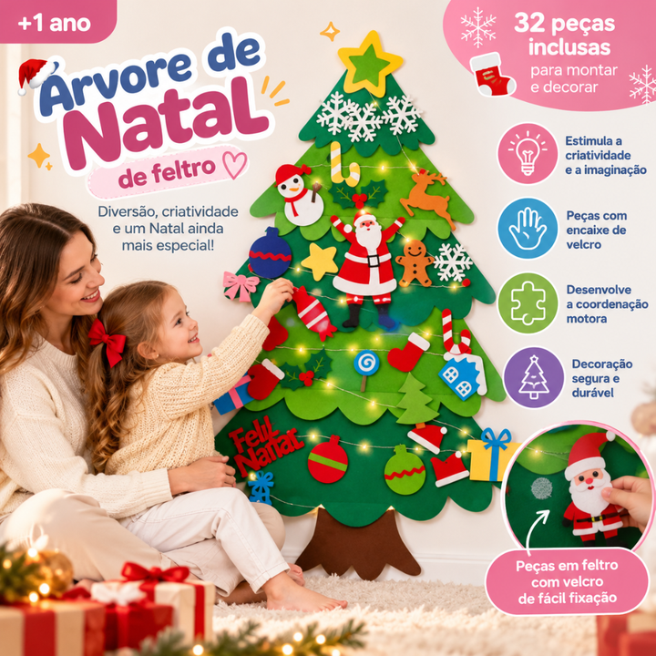 Árvore de Natal Infantil Montessori em Feltro – Xmas Tree (32 Enfeites + Luzes)