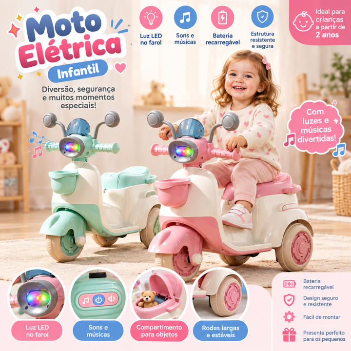 Moto Elétrica Infantil com Controle Remoto, Luzes e Músicas – 6V | Suporta: Até 30KG