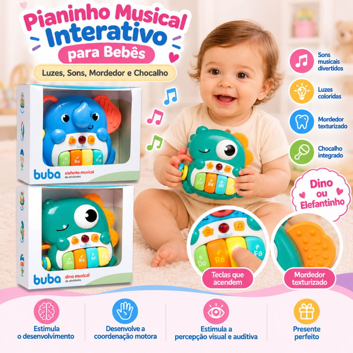 Pianinho Musical Interativo para Bebês – Luzes, Sons, Mordedor e Chocalho | Dino ou Elefantinho