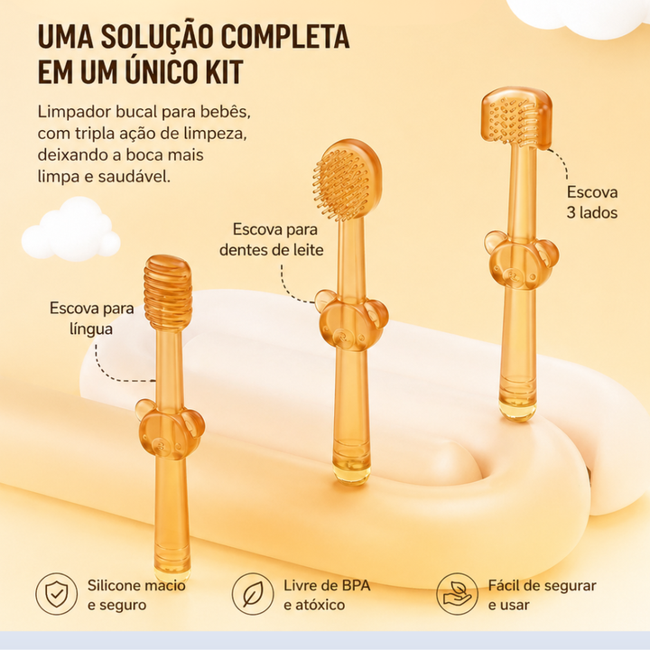 Kit Escova Silicone Primeiros Dentinhos(Kit com 3 Peças)