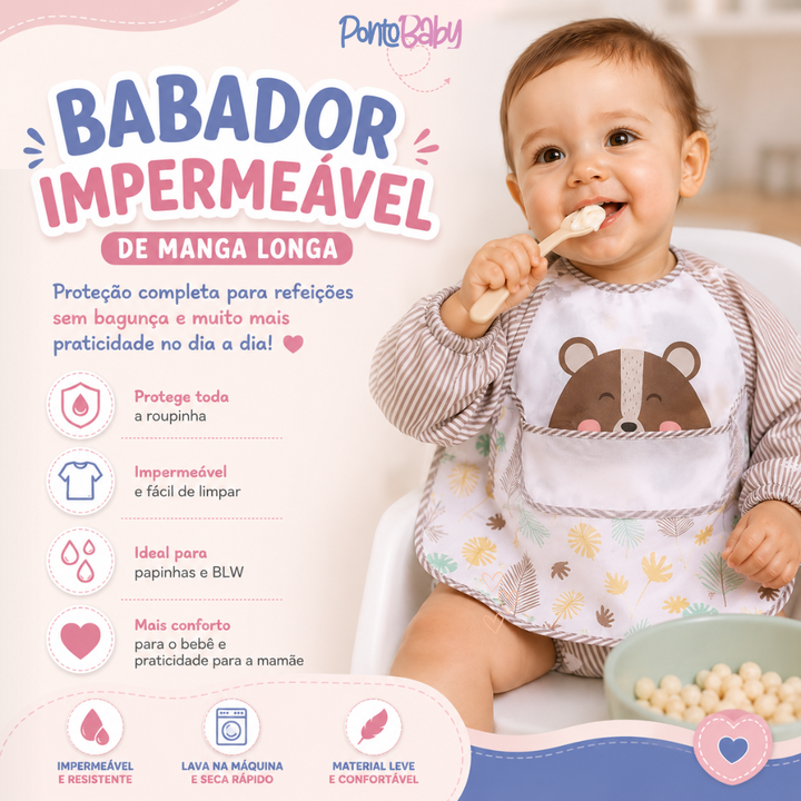 Babador Impermeável de Manga Longa com Bolso Coletor | Proteção Completa para Bebês