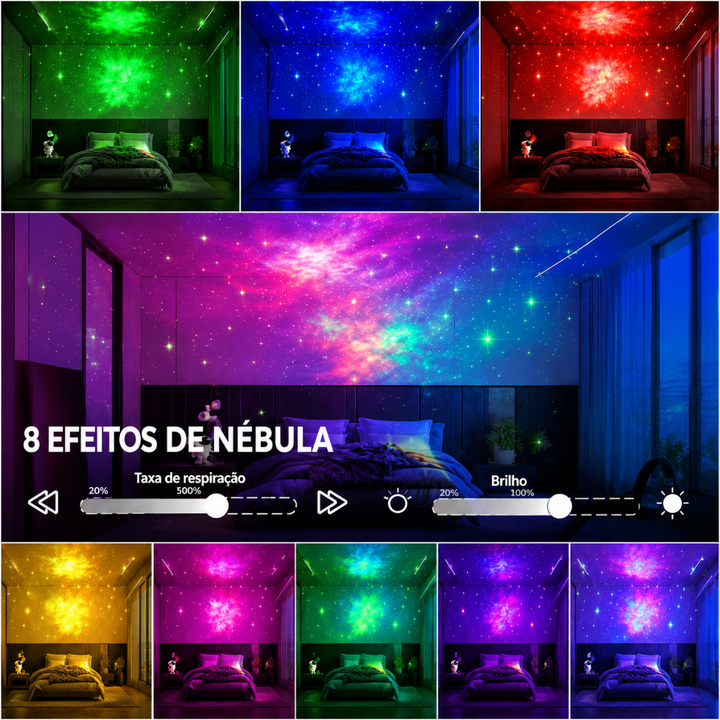 Noite Encantada | Projetor Galáxia Astronauta LED RGB com Caixa de Som