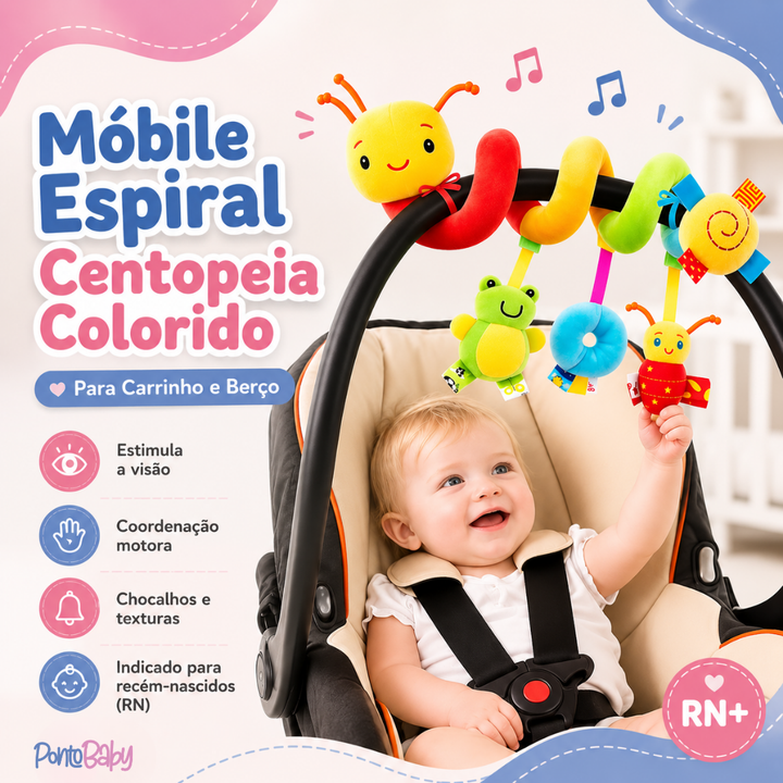 Móbile Espiral Centopeia Colorido para Carrinho e Berço – Brinquedo Sensorial para Bebê