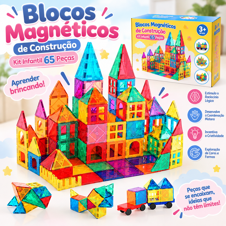 Blocos Magnéticos de Construção – Kit Infantil 65 Peças