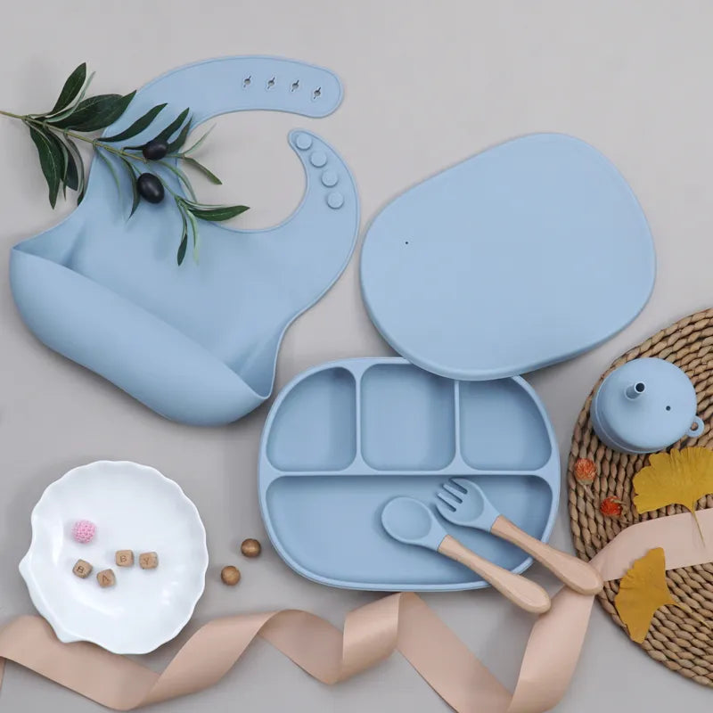 Kit Alimentação de Silicone Infantil Prato com Tampa - 5 pçs