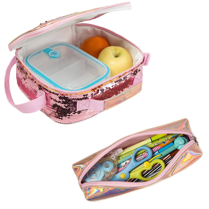 Sequin School Kit for Girls - Backpack, Lunch Box and Pencil Case