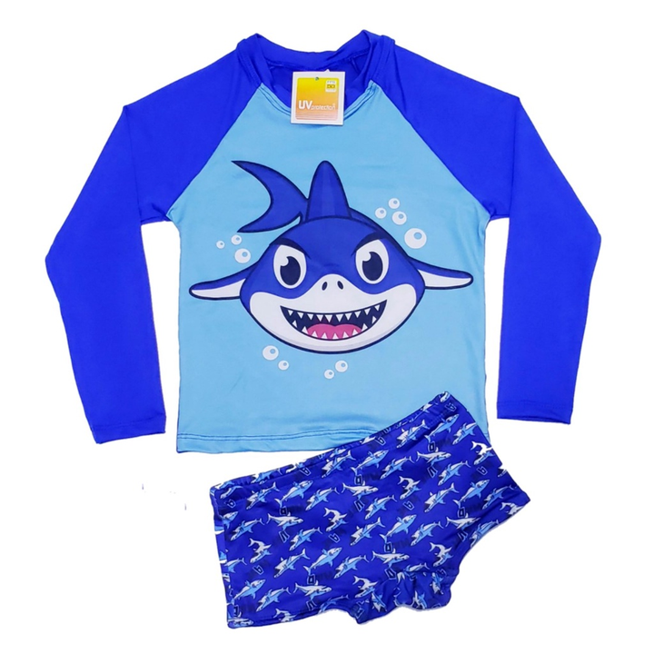 Conjunto Bebe menino proteção UV 50+ camiseta e sunga de 3 meses a 24 meses Tubarão Praia Piscina Natação