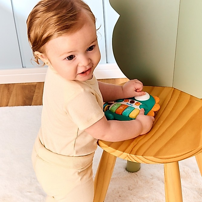 Brinquedo Musical Pianinho para bebe com Mordedor e Chocalho Buba Dino ou Elefantinho Som e Luz