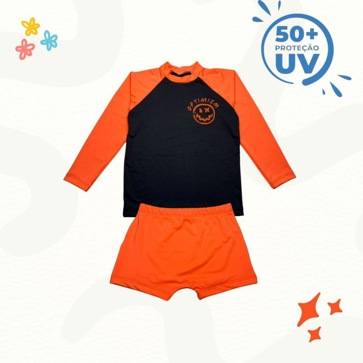 Conjunto Infantil Juvenil Moda Praia Menino Camisa Manga Longa e Sunga com Proteção UV50+