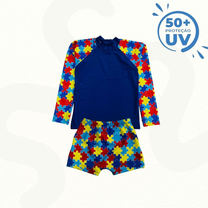 Conjunto Infantil Juvenil Moda Praia Menino Camisa Manga Longa e Sunga com Proteção UV50+