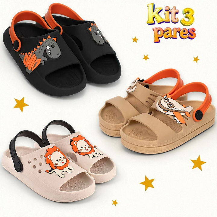 Kit com 3 Pares de Babuche Infantil para Meninos- Anatômico e Antiderrapante