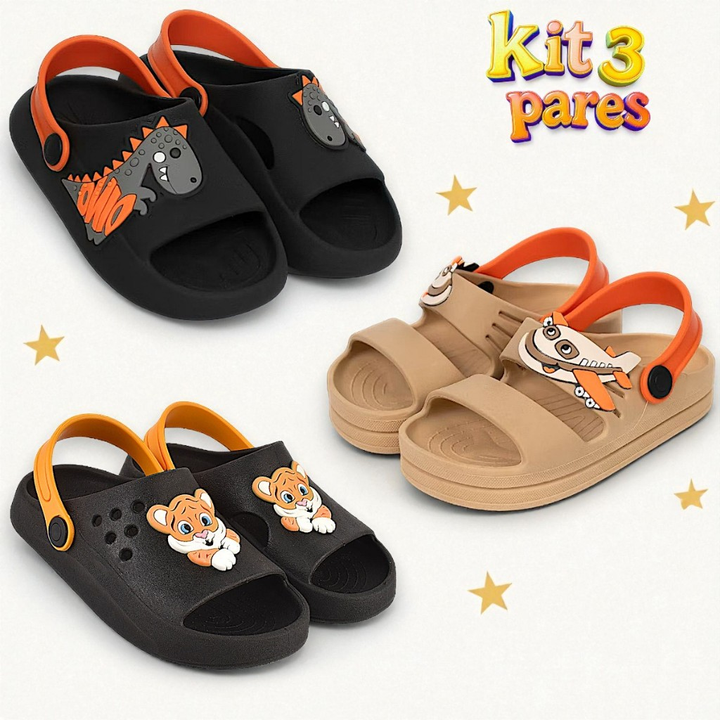 Kit com 3 Pares de Babuche Infantil para Meninos- Anatômico e Antiderrapante