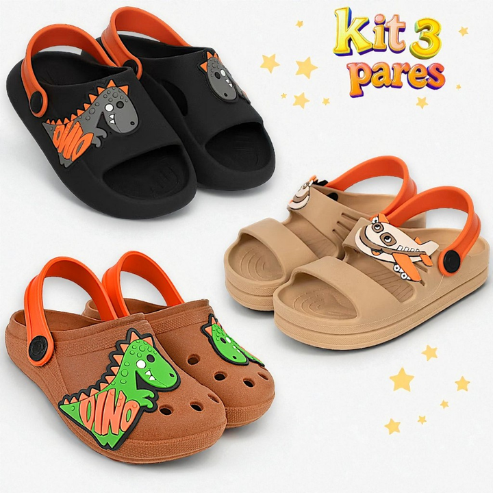 Kit com 3 Pares de Babuche Infantil para Meninos- Anatômico e Antiderrapante