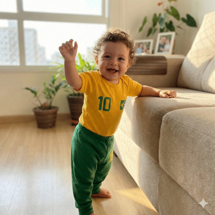 Kit Body Bebê Brasil Copa Amarelo Verde 10 Conjunto 100% Algodão Torcida Baby Infantil Mundo