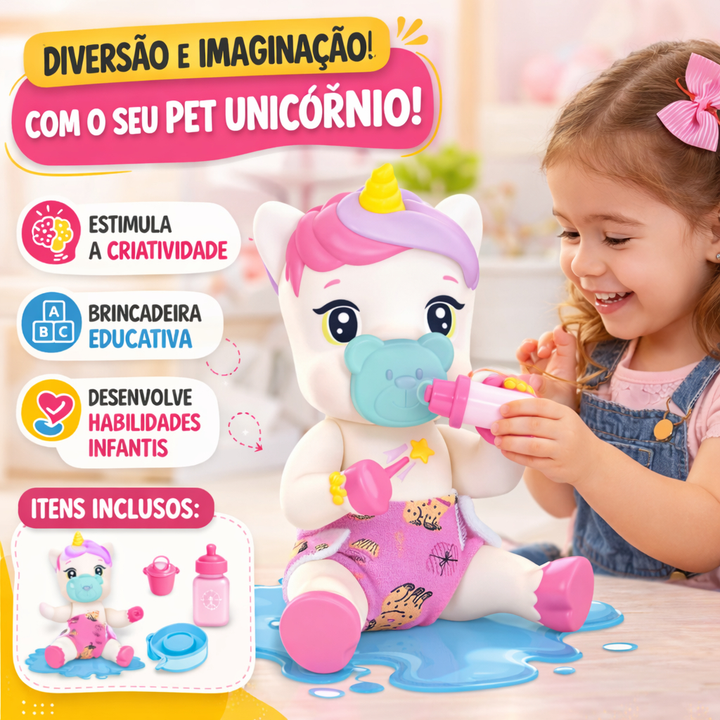 Boneca My Pet Cuidados Unicórnio Faz Xixi com Mamadeira Acessórios Divertoys