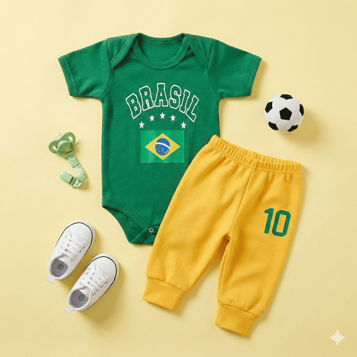 Kit Body Bebê Brasil Copa Amarelo Verde 10 Conjunto 100% Algodão Torcida Baby Infantil Mundo