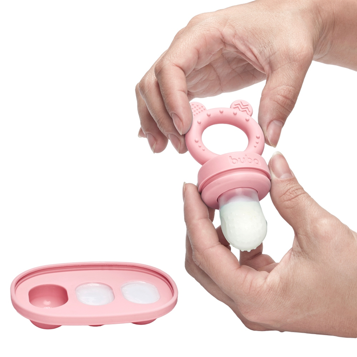 Kit Frutinha e Porta Frutinha Forminha Picolé Buba Chupeta em Silicone com Mordedor Ursinho