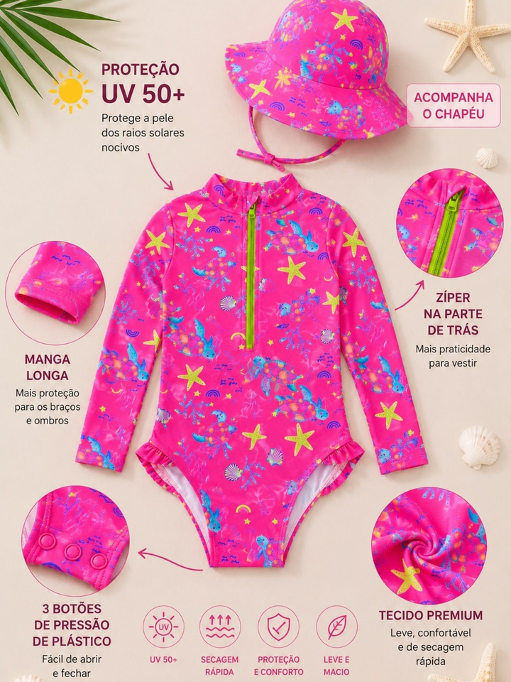 Maio Manga Longa Menina Bebe C Botões Proteção Uv + Chapéu