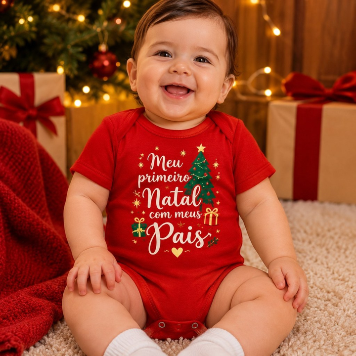 Kit Natalino Família Camisetas Pai Mãe e Body Bebê Meu Primeiro Natal