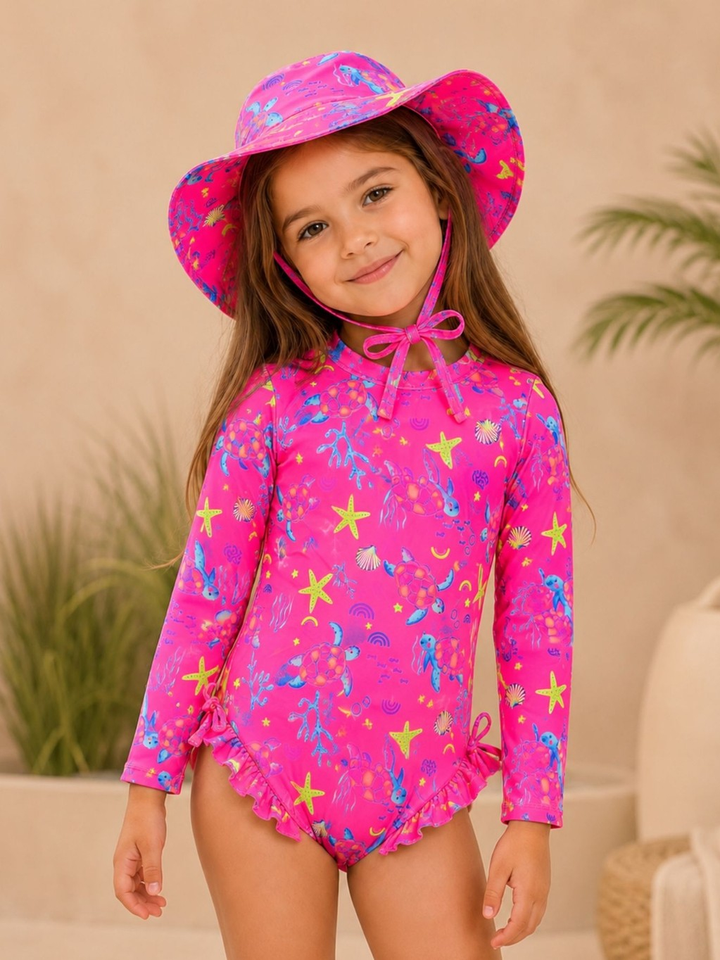 Maio Manga Longa Menina Bebe C Botões Proteção Uv + Chapéu