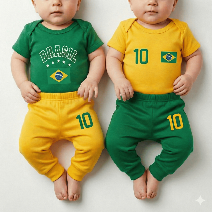 Kit Body Bebê Brasil Copa Amarelo Verde 10 Conjunto 100% Algodão Torcida Baby Infantil Mundo