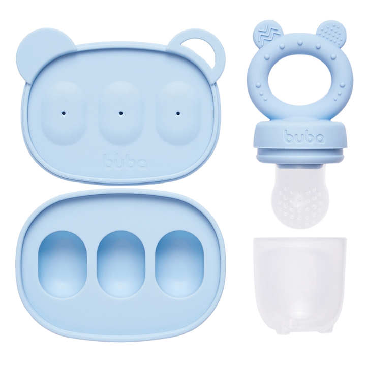 Kit Frutinha e Porta Frutinha Forminha Picolé Buba Chupeta em Silicone com Mordedor Ursinho