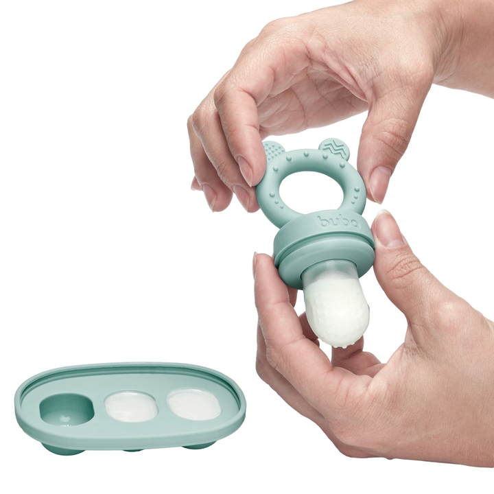 Kit Frutinha e Porta Frutinha Forminha Picolé Buba Chupeta em Silicone com Mordedor Ursinho