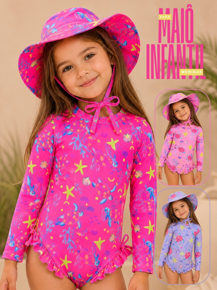 Maio Manga Longa Menina Bebe C Botões Proteção Uv + Chapéu