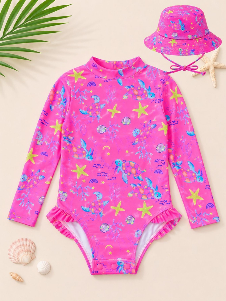 Maio Manga Longa Menina Bebe C Botões Proteção Uv + Chapéu