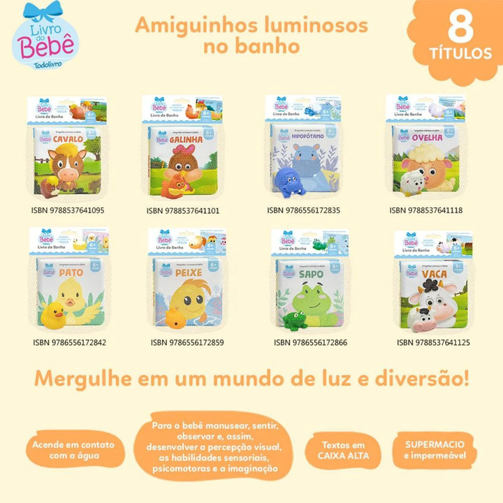 Livro de Banho Bebê Amiguinhos Luminosos Animais Com Brinquedo 6+ Meses Infantil