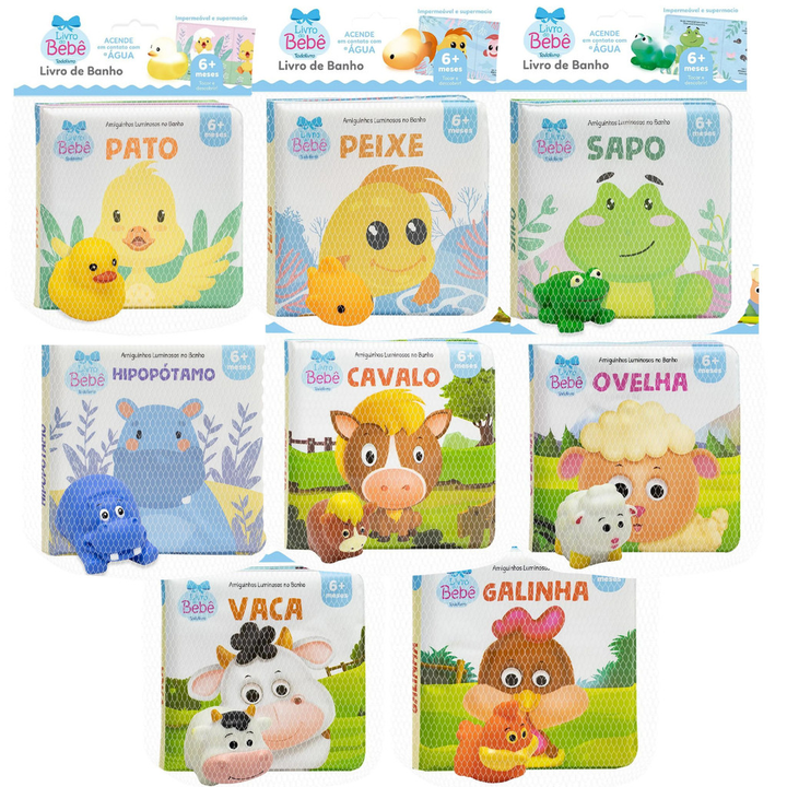 Livro de Banho Bebê Amiguinhos Luminosos Animais Com Brinquedo 6+ Meses Infantil
