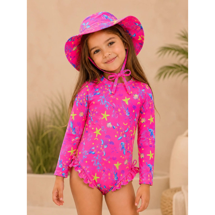 Kit Praia Menina – Maiô Manga Longa + Chapéu | 1 a 5 Anos