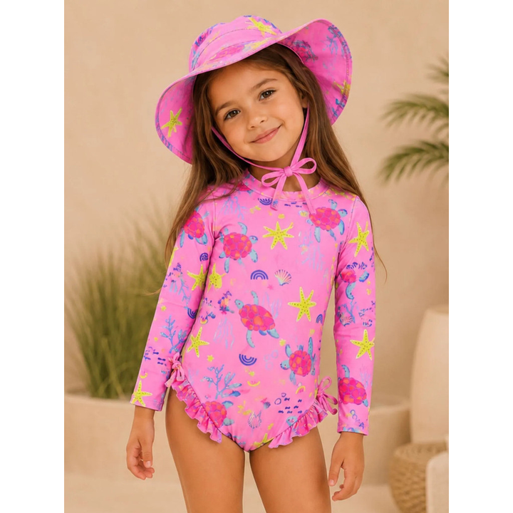 Kit Praia Menina – Maiô Manga Longa + Chapéu | 1 a 5 Anos