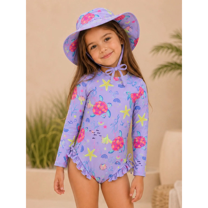 Kit Praia Menina – Maiô Manga Longa + Chapéu | 1 a 5 Anos