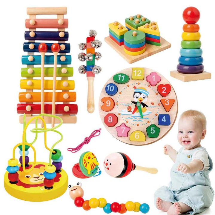 Brastoy Kit De 9 Brinquedos Montessori Em Madeira, 3+ Anos, Xilofone E Sino, Brinquedo Educativo